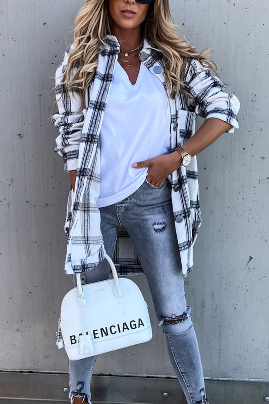 Casual Long Sleeve Plaid Shirt Mid-length Coat