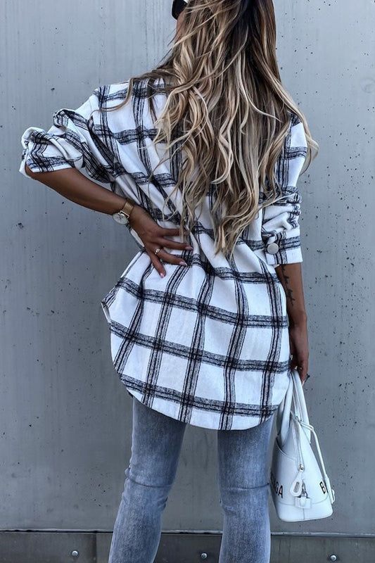 Casual Long Sleeve Plaid Shirt Mid-length Coat