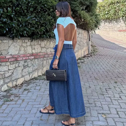 Casual Vintage Loose Denim Long Skirt with Elegant Sashes Bottom