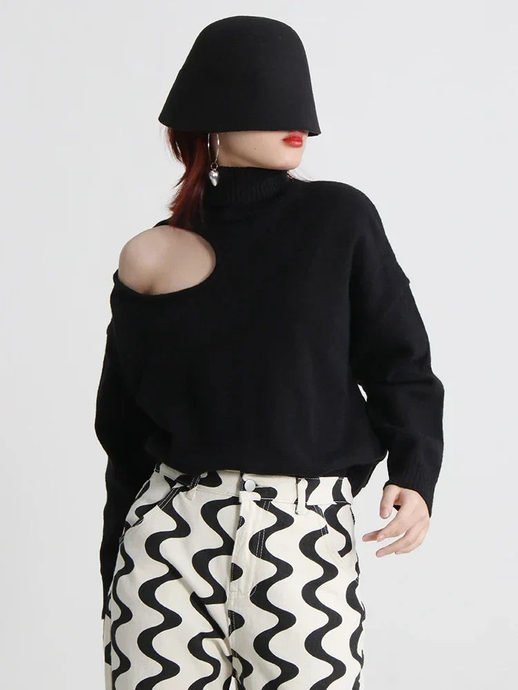 Turtleneck Solid Hole Hollow Out Sweater