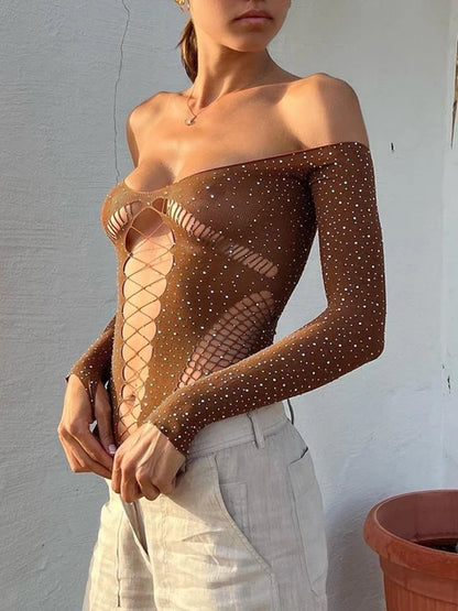 Crystal Mesh Sexy Bodysuit Lingerie Black See Through Backless Hollow Out Bodysuit Nightclub Party Hot Workwear Playsuit