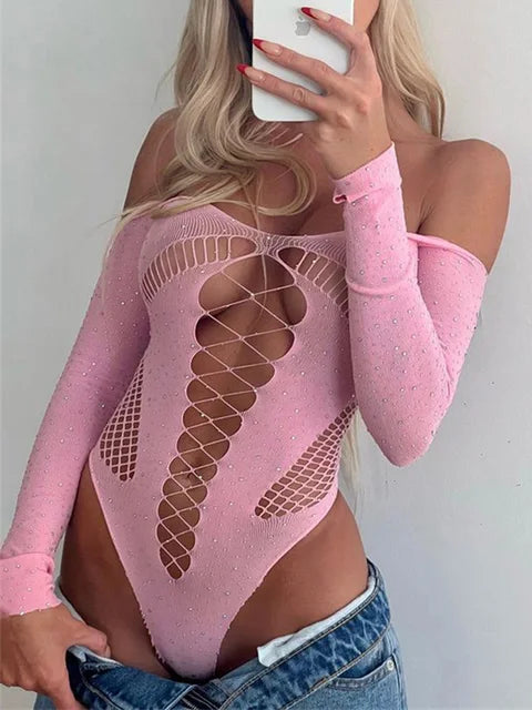Crystal Mesh Sexy Bodysuit Lingerie Black See Through Backless Hollow Out Bodysuit Nightclub Party Hot Workwear Playsuit