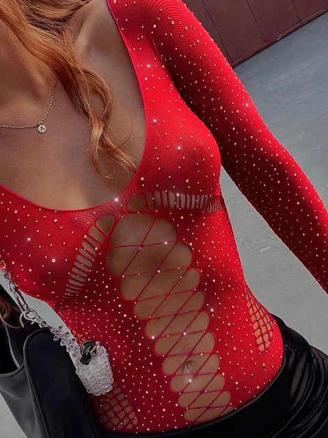 Crystal Mesh Sexy Bodysuit Lingerie Black See Through Backless Hollow Out Bodysuit Nightclub Party Hot Workwear Playsuit