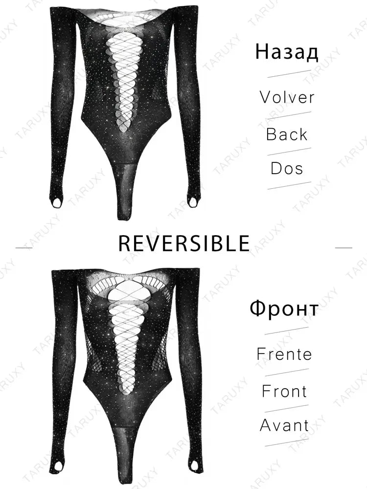 Crystal Mesh Sexy Bodysuit Lingerie Black See Through Backless Hollow Out Bodysuit Nightclub Party Hot Workwear Playsuit