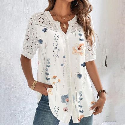 Blusa elegante de mujer con cuello en V, manga corta y ojales con estampado floral | Ideal para primavera/verano