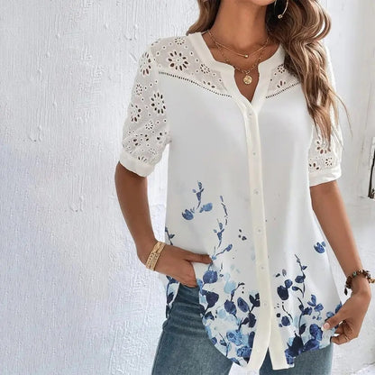 Blusa elegante de mujer con cuello en V, manga corta y ojales con estampado floral | Ideal para primavera/verano