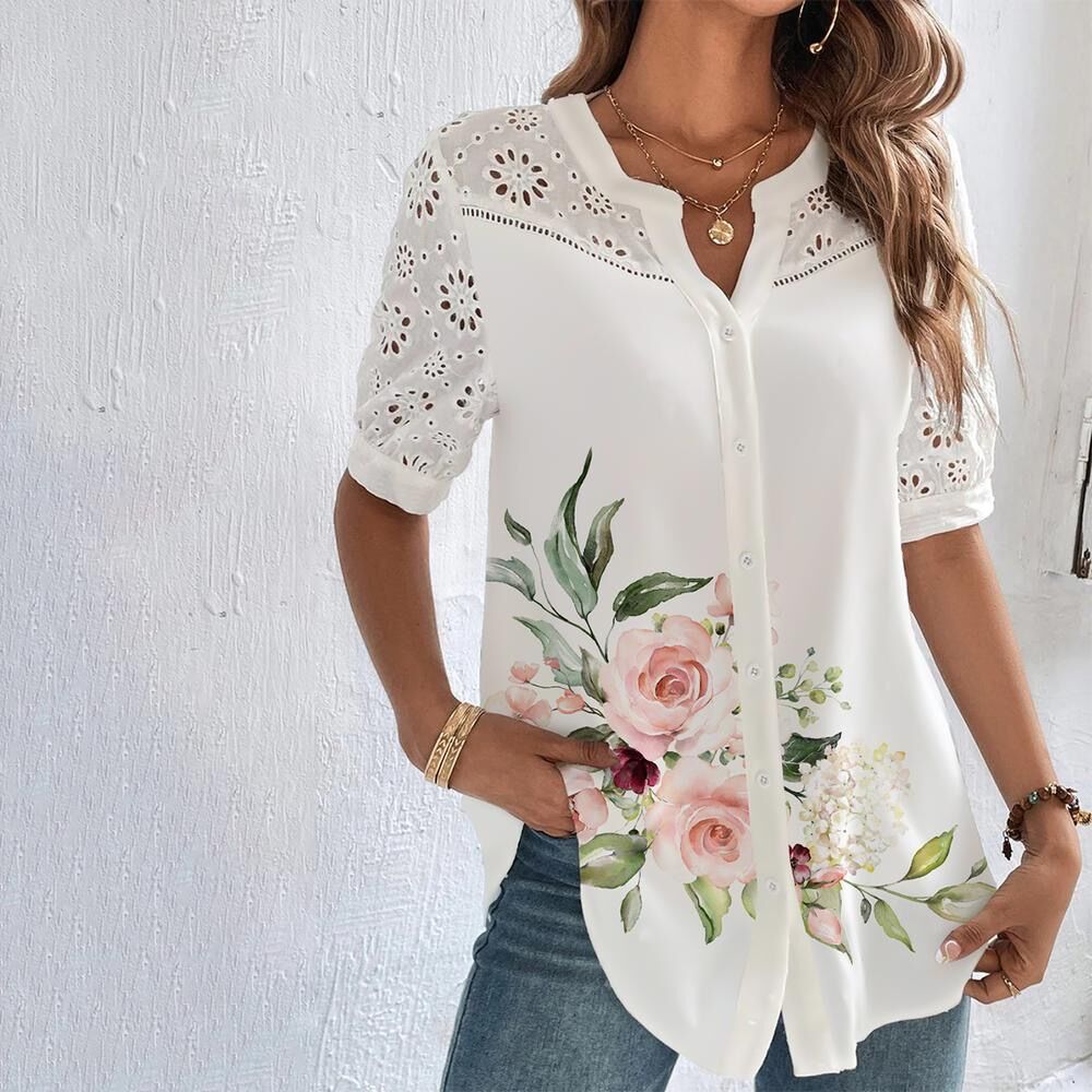 Blusa elegante de mujer con cuello en V, manga corta y ojales con estampado floral | Ideal para primavera/verano