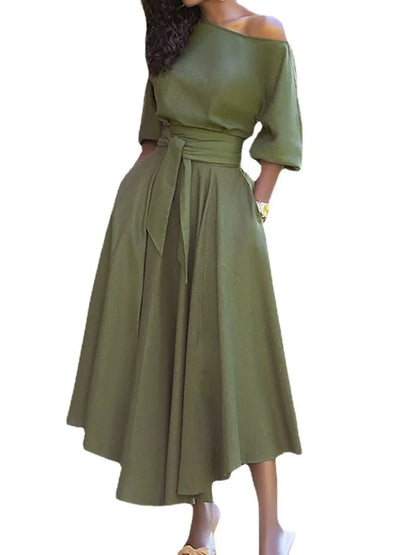 Temperament Simple Style Solid Color Dresses Women Fashion Half Sleeves Slant Collar Leace-up Irregular Dress Female New Vestido