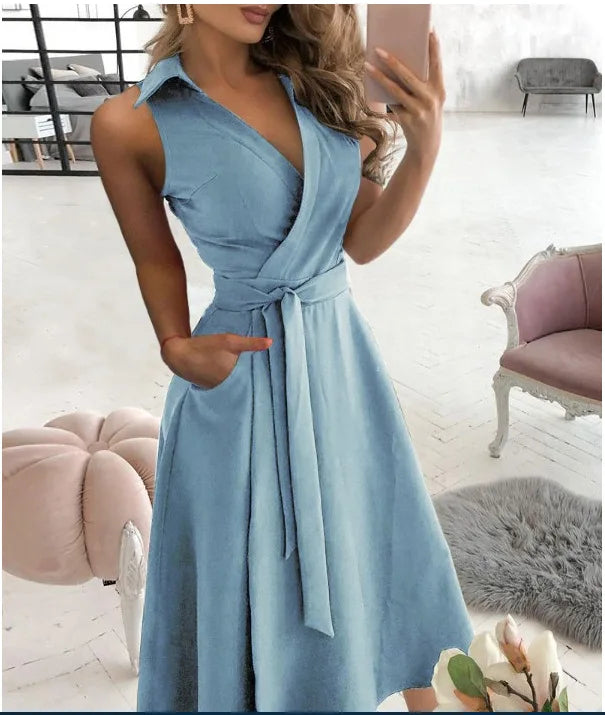 Temperament Solid Color Sleeveless Dresses Women Fashion Sexy V-neck Leace-up Slim A-line Dress Spring Summer New Lady Clothing