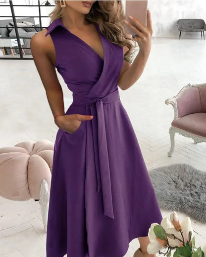 Temperament Solid Color Sleeveless Dresses Women Fashion Sexy V-neck Leace-up Slim A-line Dress Spring Summer New Lady Clothing