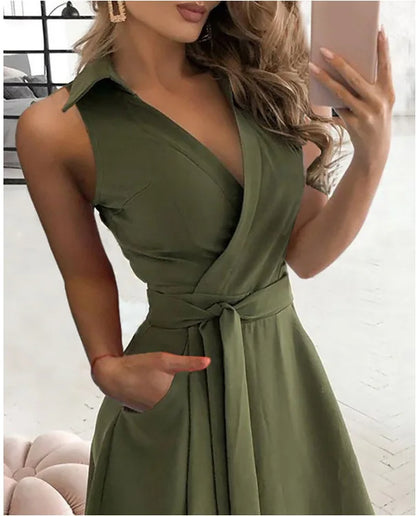 Temperament Solid Color Sleeveless Dresses Women Fashion Sexy V-neck Leace-up Slim A-line Dress Spring Summer New Lady Clothing