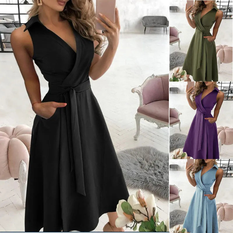 Temperament Solid Color Sleeveless Dresses Women Fashion Sexy V-neck Leace-up Slim A-line Dress Spring Summer New Lady Clothing