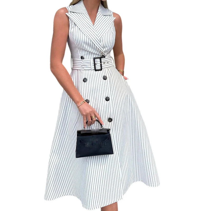 Temperament Stripe Sleeveless Suit Collar Dresses Women Belt Double Breasted A-line Dress Fashion Commuting Vestidos Female New