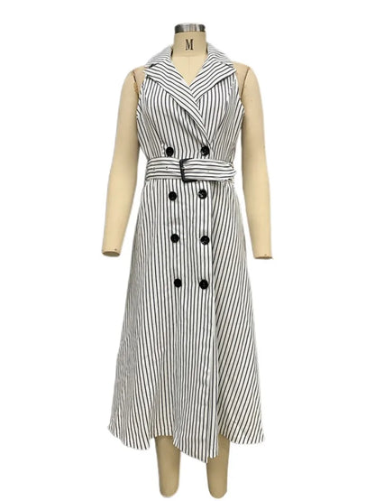 Temperament Stripe Sleeveless Suit Collar Dresses Women Belt Double Breasted A-line Dress Fashion Commuting Vestidos Female New