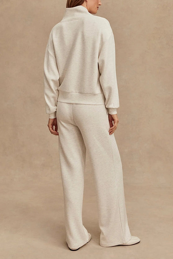 Meet The Autumn Ribbed Zipper Neck Sweatshirt and Elastic Waist Pocketed Loose Pants Set