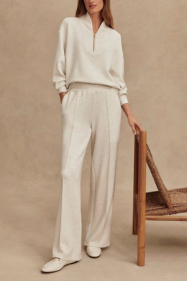 Meet The Autumn Ribbed Zipper Neck Sweatshirt and Elastic Waist Pocketed Loose Pants Set