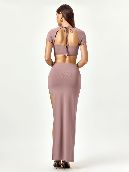 Tie Back Cut Out Crop Top&Split Thigh Bodycon Skirt