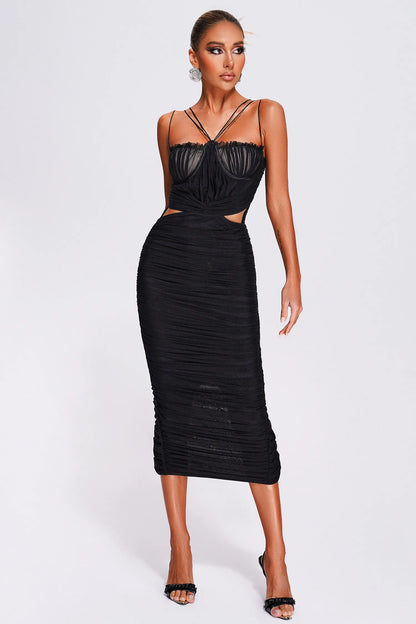 Tina Black Mesh Cut Out Ruched Midi Dress
