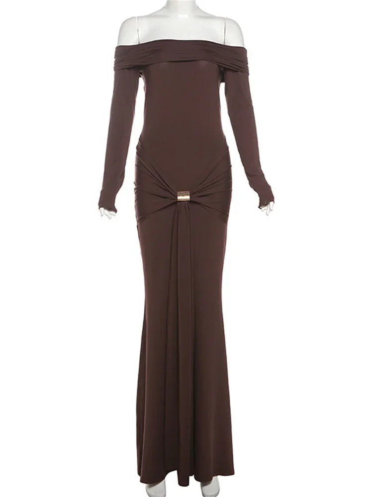 Autumn Fashion Backless Long Dress High Waist Slim Pleated Patchwork Solid Off-Shoulder Party Dress Women’s Bodycon Dress