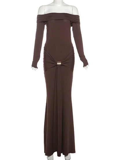 Autumn Fashion Backless Long Dress High Waist Slim Pleated Patchwork Solid Off-Shoulder Party Dress Women’s Bodycon Dress