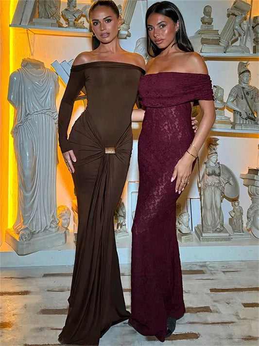 Autumn Fashion Backless Long Dress High Waist Slim Pleated Patchwork Solid Off-Shoulder Party Dress Women’s Bodycon Dress