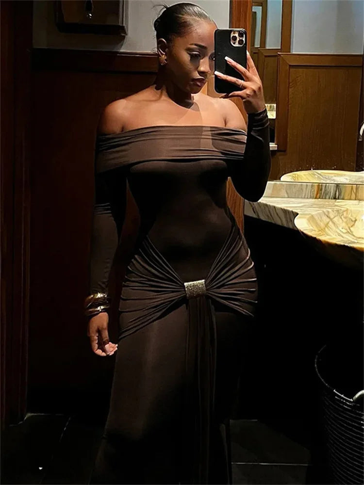 Autumn Fashion Backless Long Dress High Waist Slim Pleated Patchwork Solid Off-Shoulder Party Dress Women’s Bodycon Dress