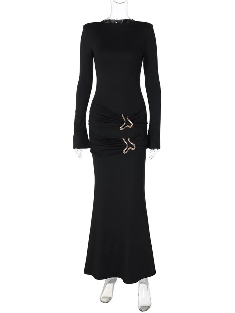 Autumn Fashion Black Maxi Dress For Women Pleated Slim High Waist Long Sleeve Elegant Sexy Party Dress Ladies Y2k Dress