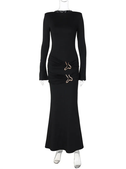 Autumn Fashion Black Maxi Dress For Women Pleated Slim High Waist Long Sleeve Elegant Sexy Party Dress Ladies Y2k Dress
