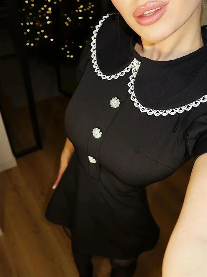 Autumn Fashion Glitter Mini Dress Elegant Patchwork Short Sleeve Lace-Up Lace Casual Party Dress Women’s Bandage Dress New