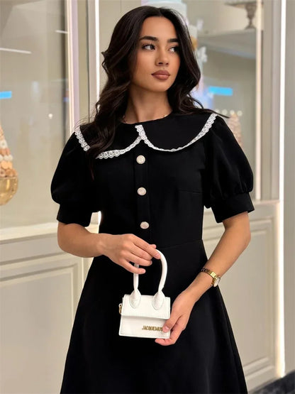 Autumn Fashion Glitter Mini Dress Elegant Patchwork Short Sleeve Lace-Up Lace Casual Party Dress Women’s Bandage Dress New