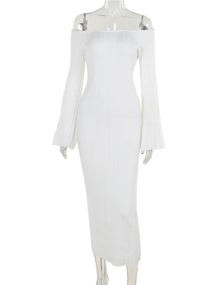Autumn Knit Ribbed Long Dress Women Off-Shoulder Slim High Waist Patchwork Elegant Party Dress Female Maxi Dress Knitwear