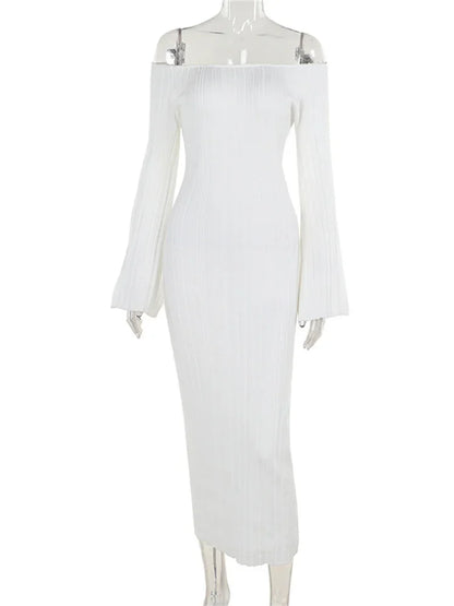Autumn Knit Ribbed Long Dress Women Off-Shoulder Slim High Waist Patchwork Elegant Party Dress Female Maxi Dress Knitwear