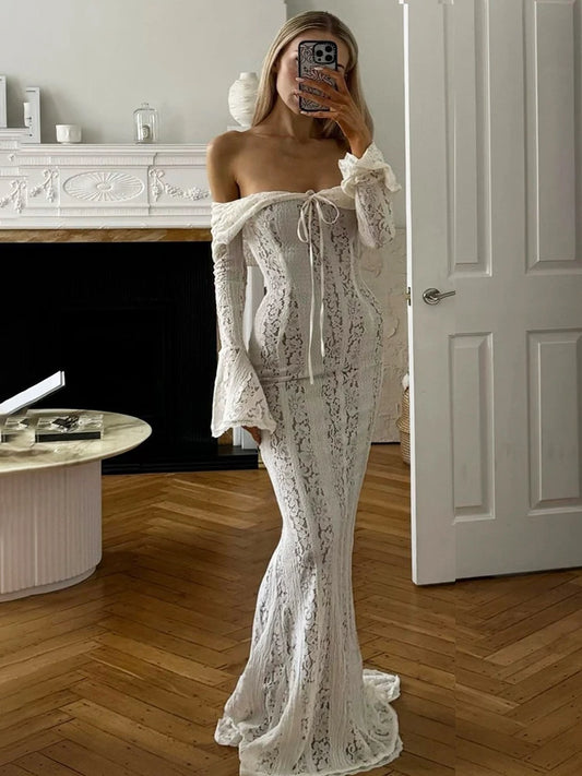 Autumn Lace Off-Shoulder Long Dress For Women See-Through Printed Lace-Up High Waist Luxury Female Elegant Party Dress New