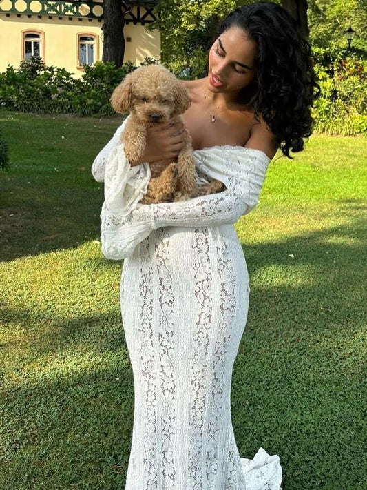 Autumn Lace Off-Shoulder Long Dress For Women See-Through Printed Lace-Up High Waist Luxury Female Elegant Party Dress New