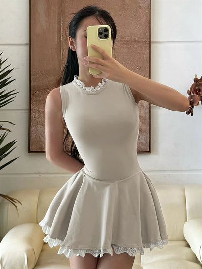 Autumn Lace Patchwork Mini Dress For Women Ruffled Sleeveless Elegant Slim Party Dress Gown Female Luxury High Waist Dress