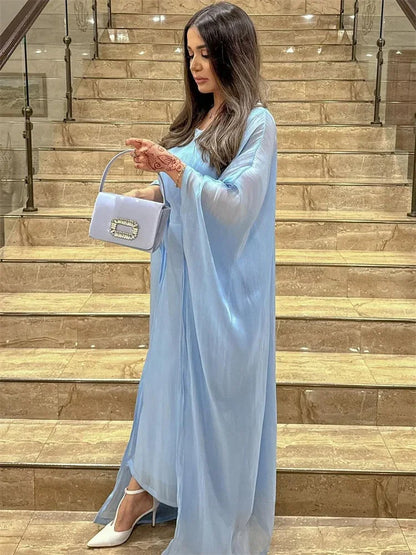 Autumn Loose Shiny Maxi Dress Women’s Butterfly Batwing Long Sleeve Muslim Clothes Party Dress Solid Female Long Dress New