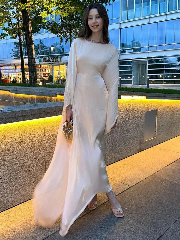 Autumn Loose Shiny Maxi Dress Women’s Butterfly Batwing Long Sleeve Muslim Clothes Party Dress Solid Female Long Dress New