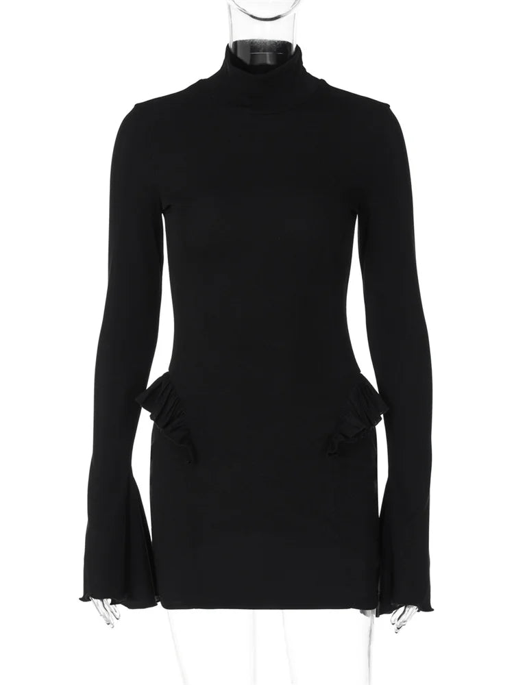 Autumn Ruffled Patchwork Mini Dress Women’s Long Sleeve High Waist Fashion Elegant Dress Ladies Skinny Party Dress