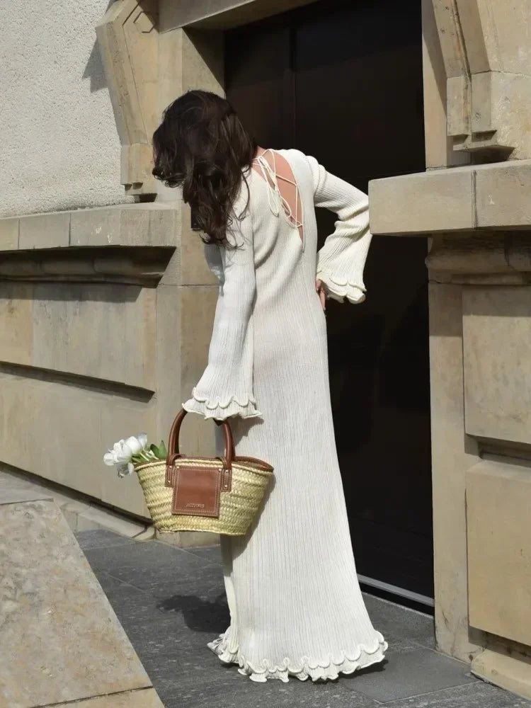 Autumn Ruffled White Maxi Dress Women Backless Lace-Up Slim Ribbed Long Sleeve Patchwork Dress Knitwear Female Long Dress