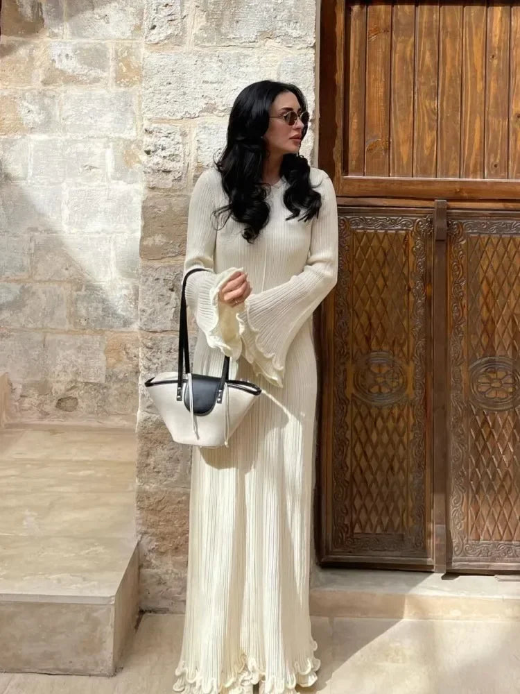 Autumn Ruffled White Maxi Dress Women Backless Lace-Up Slim Ribbed Long Sleeve Patchwork Dress Knitwear Female Long Dress