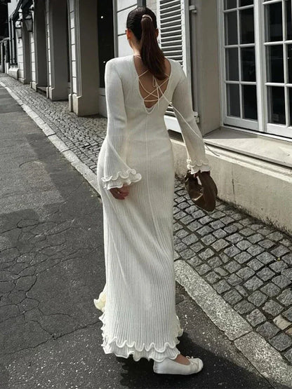 Autumn Ruffled White Maxi Dress Women Backless Lace-Up Slim Ribbed Long Sleeve Patchwork Dress Knitwear Female Long Dress