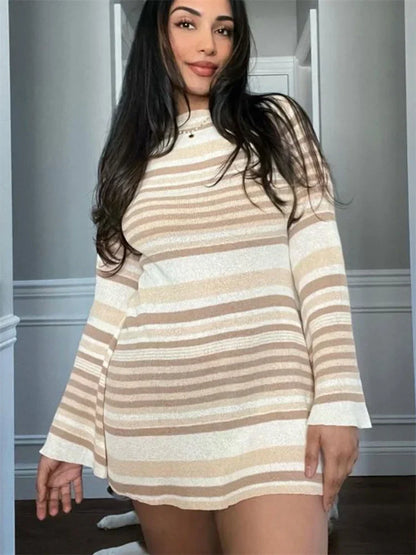 FashionSierra - Striped Knitwear Lace-Up Long Sleeve Women Holiday Beach Summer Slim Fashion Ladies Casual Dress