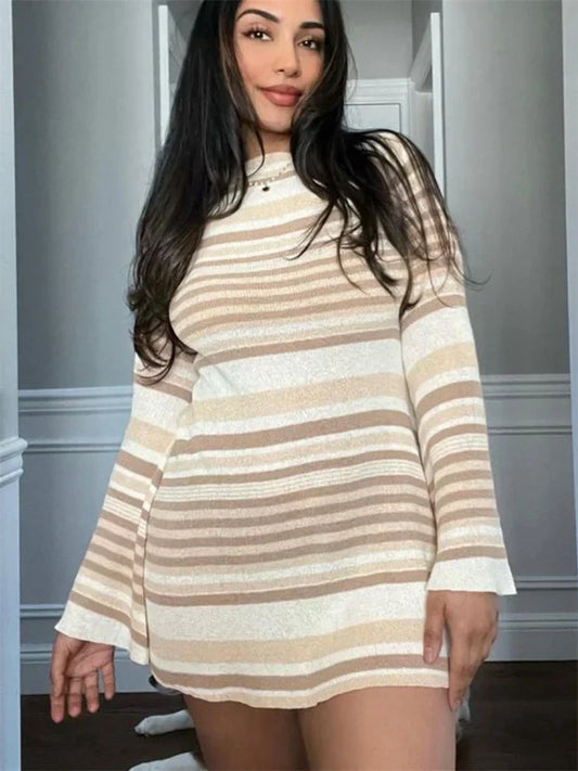FashionSierra - Striped Knitwear Lace-Up Long Sleeve Women Holiday Beach Summer Slim Fashion Ladies Casual Dress