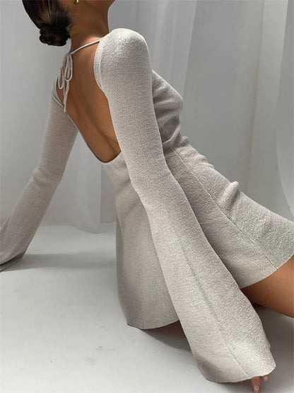 FashionSierra - Striped Knitwear Lace-Up Long Sleeve Women Holiday Beach Summer Slim Fashion Ladies Casual Dress