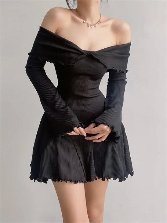 FashionSierra - Black Knit Women Off-Shoulder Loose Slim Fashion Ribbed Dress Knitwear Clothes Female Casual Dress