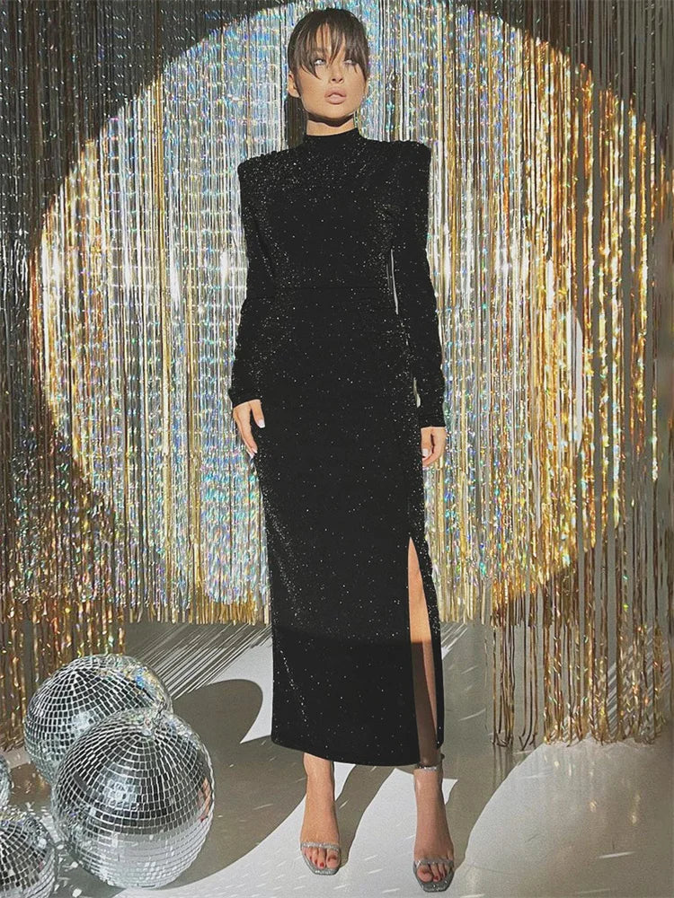 Black Sequin Slim Maxi Dress Women’s Sexy High Waist Party Dress Clothes Solid Shiny Commute Gown Autumn Female Long Dress