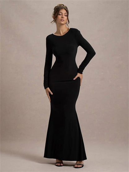 Black Tee Bow Backless Long Dress Women’s Fashion High Waist Luxury Elegant Party Dress Gown Female Autumn Maxi Dress
