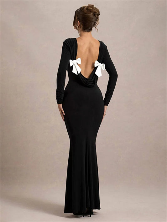 Black Tee Bow Backless Long Dress Women’s Fashion High Waist Luxury Elegant Party Dress Gown Female Autumn Maxi Dress