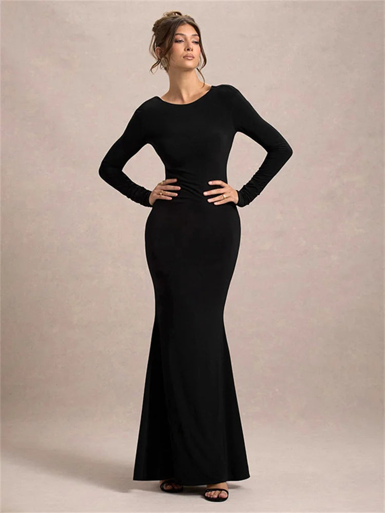 Black Tee Bow Backless Long Dress Women’s Fashion High Waist Luxury Elegant Party Dress Gown Female Autumn Maxi Dress