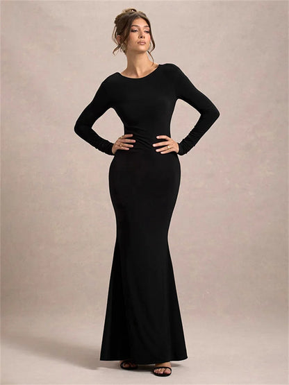 Black Tee Bow Backless Long Dress Women’s Fashion High Waist Luxury Elegant Party Dress Gown Female Autumn Maxi Dress
